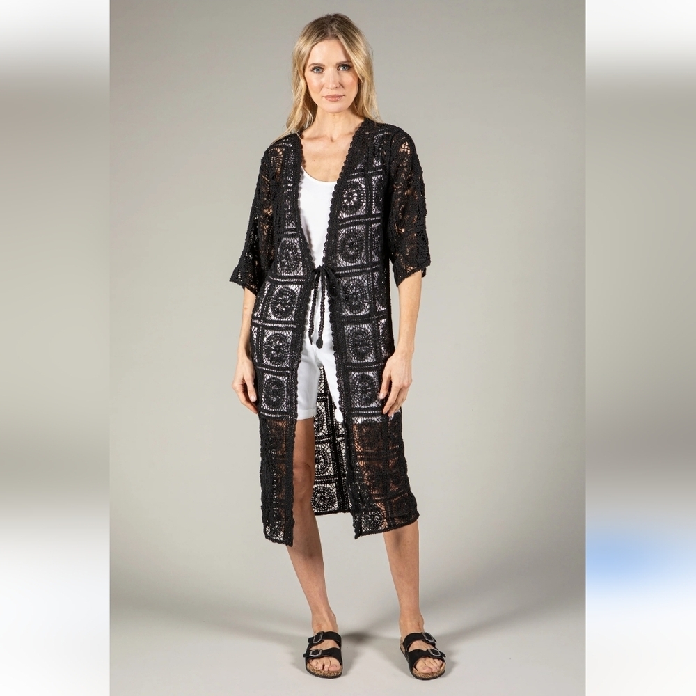 New! || RAJ || Anthro brand duster, cardigan,  crocheted, black, viscose, sz O/S